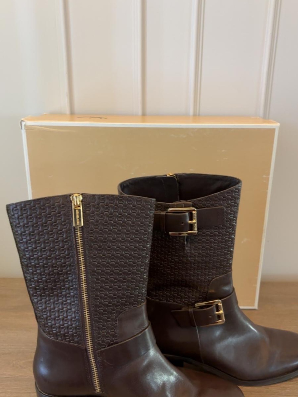 Michael Kors Chocolate Mid-Calf Embossed Leather Boots Logo Buck Size 8